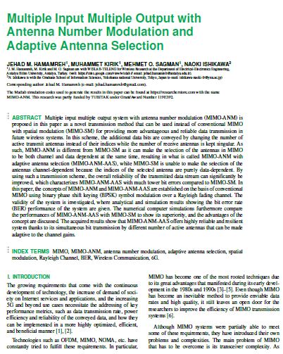 Multiple Input Multiple Output with Antenna Number Modulation (MIMO-ANM) and Adaptive Antenna Selection